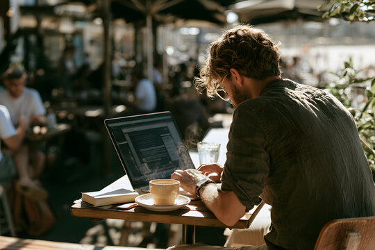 Remote worker engaged in tasks on laptop at Bondi Beach cafe enjoying coffee with vibrant outdoor atmosphere