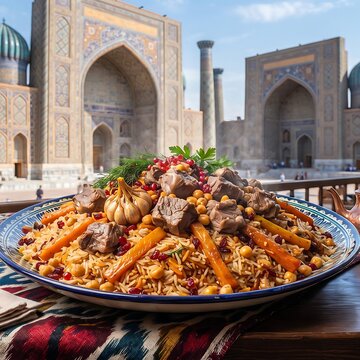 massive festive platter of Uzbek Oshpaz Pilaf featuring yellow carrots, tender lamb chunks, and whole garlic heads in glossy rice, , tiled Silk Road Samarkand palace background