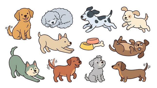 Cute dog vector illustration collection featuring cartoon puppies in various playful poses running sleeping sitting and stretching isolated set