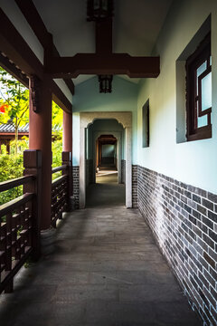 Classical Asian Garden Corridor with Traditional Wooden Architecture