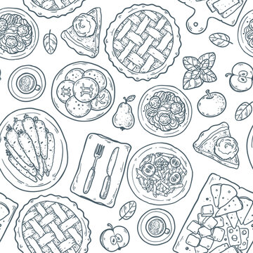 Thanksgiving dinner seamless pattern. Line art with apple pie, pasta, carrot and coffee on white background