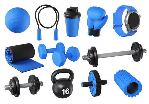 Fitness 3D icon set. Gym equipment, healthy lifestyle and workout objects. Ball, rope, shaker bottle, boxing glove, smartwatch, mat, dumbbells, barbell, kettlebell.
