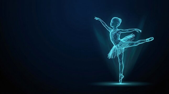Glowing digital wireframe of a ballerina dancer performing an arabesque pose in neon blue light with ballerina wireframe hologram futuristic technology graceful