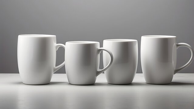 Assorted white ceramic coffee mugs of varying shapes and sizes arranged on a white surface against a clean grey backdrop