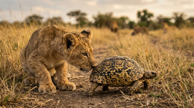 Lion cub curiously sniffs a tortoise in the savanna.