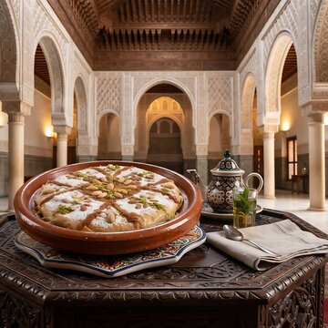  decadent clay casserole of Moroccan Chicken Bastilla dusted with powdered sugar and cinnamon patterns, , intricate Moorish palace interior background with horseshoe arches
