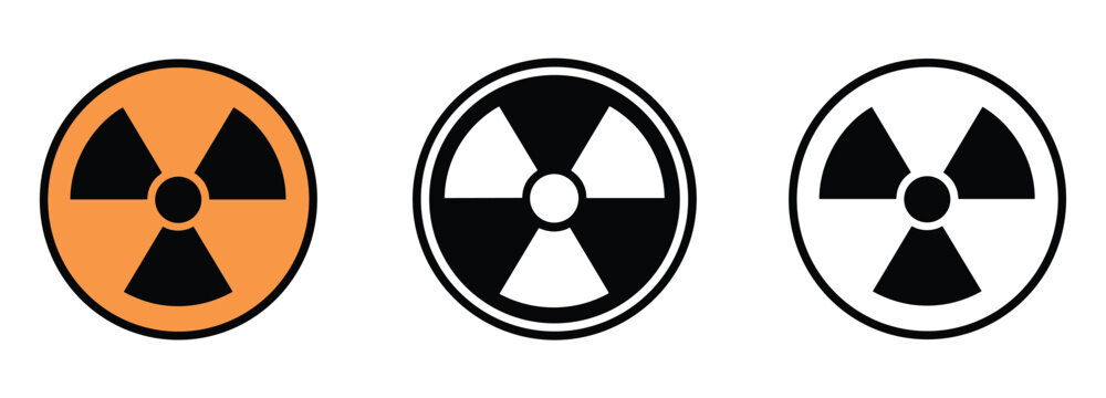 Radiation Symbol Collection. A set of three radiation hazard symbols, including one in orange and black, and two in black and white outline, clearly indicating the danger of radioactive materials.