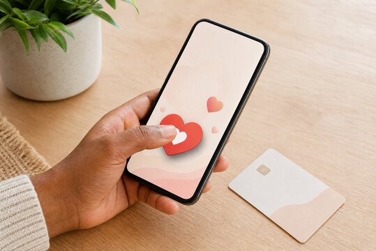 Black woman hand holding smartphone with heart icons, mobile donation and online dating app concept, credit card on wooden desk