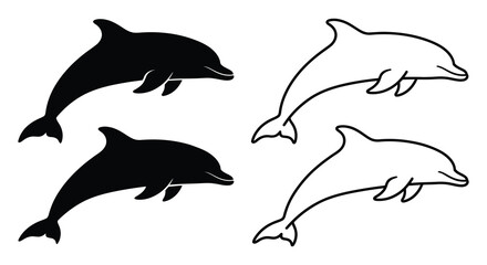 Dolphin silhouettes and line art illustrations on a white background © Sohel