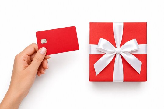 Red credit card held by hand near gift box, festive holiday shopping and payment concept, red present with white ribbon