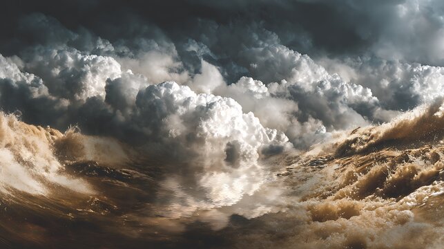 A turbulent, stormy ocean scene with crashing waves under a dramatic, cloud-filled sky, evoking power and intensity of nature.