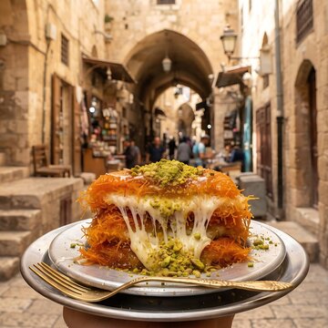  glistening stack of sweet, flaky Palestinian Kanafeh dripping with orange cheese pastry and crushed pistachios a vast, warm-toned ancient stone alleyway background 