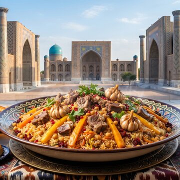massive festive platter of Uzbek Oshpaz Pilaf featuring yellow carrots, tender lamb chunks, and whole garlic heads in glossy rice, , tiled Silk Road Samarkand palace background