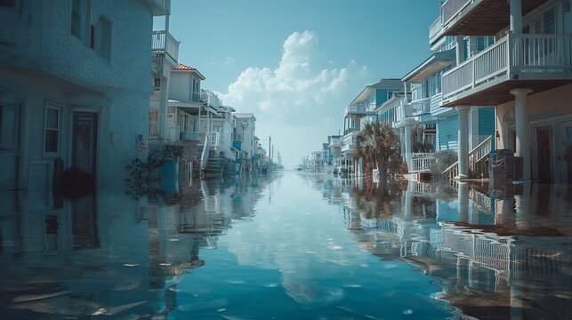 A serene waterfront street lined with blue and white houses, reflecting perfectly in calm water under a bright sky with fluffy clouds.