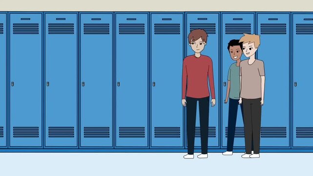 2D animation of teenage boys standing and chatting in a high school hallway near blue lockers student life