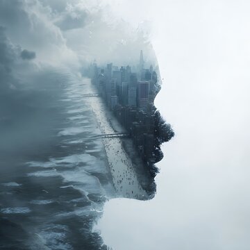 A surreal double exposure of a city skyline and ocean waves forming the profile of a human face, blending urban life with nature"s elements.