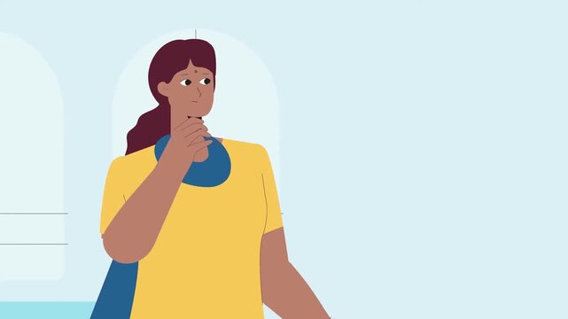 2D animation portrait of a woman standing with hand on chin thinking deeply light blue background concept