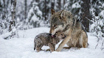 Fototapeta premium Wolf mother and cub in snowy forest during winter.
