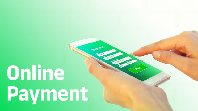 User making an online payment using a mobile device on a bright background