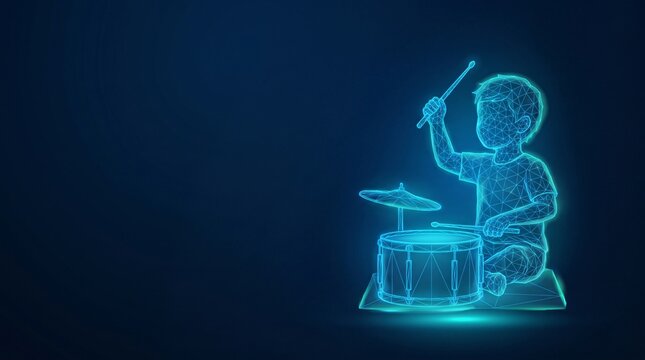 Futuristic hologram of a child playing drums rendered in glowing blue light particles on a dark background with drum set particle effect futuristic technology