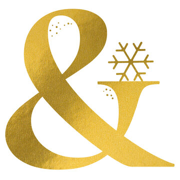 Golden ampersand symbol monogram with hand drawn outline snowflake winter holiday illustration. Elegant luxury metallic gold design element for wedding invitations. Initial decoration clip art.