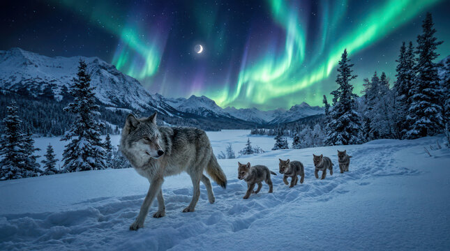 Wolf pack walks through snowy landscape under aurora borealis.
