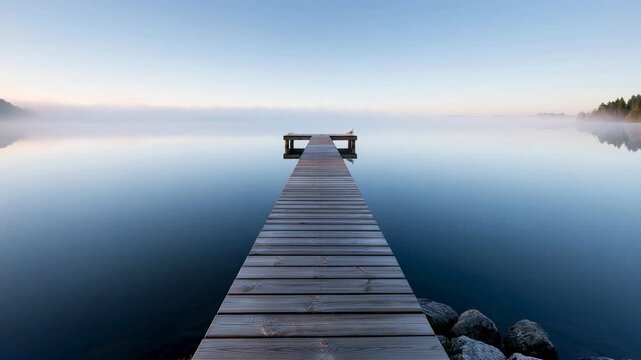 Serene misty lake at dawn with a wooden pier and a lone bird