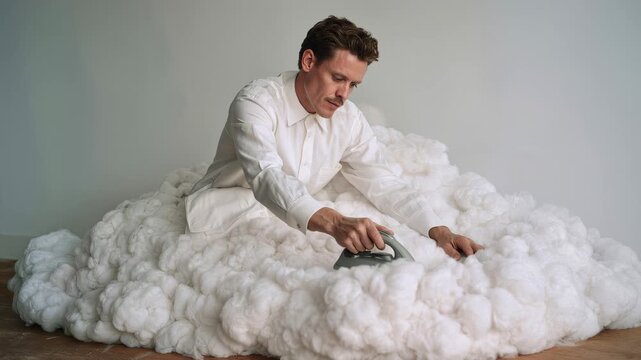 Man ironing a large pile of fluffy white material resembling clouds