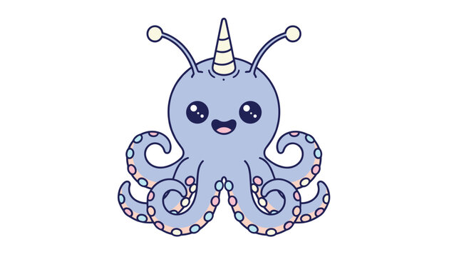 Sweet purple baby alien octopus with warm shiny eyes, cute tentacles, and a striped unicorn horn smiles happily on a white background.