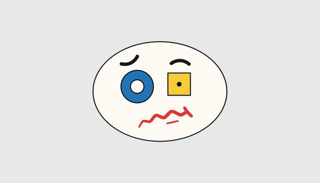 Quirky cartoon abstract face on an oval head features mismatched blue circle and yellow square eyes with a squiggly red mouth.