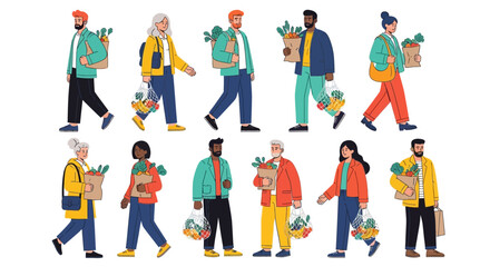 Fototapeta premium Vibrant and diverse flat vector illustration featuring a group of multi-ethnic people collaborating in a modern workspace environment with minimalist geometric shapes and bold colors.