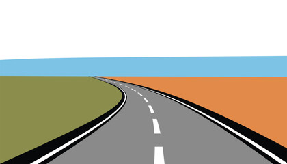 Obraz premium Two lane empty asphalt road curves gently between green and brown hills under a clear blue sky on the horizon.