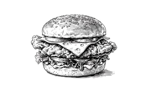 Classic hand drawn burger with sesame seed bun high resolution picture