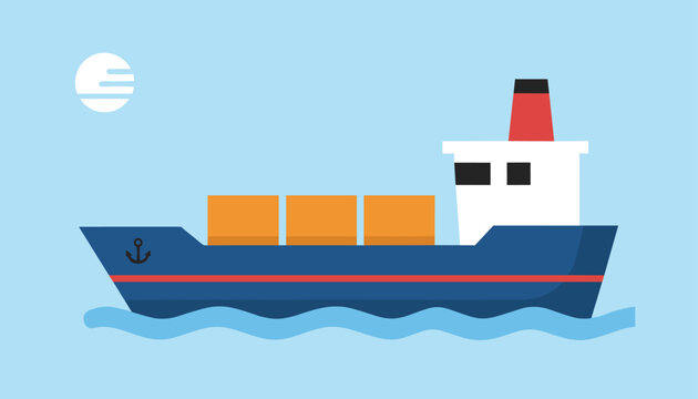 Sleek cargo container ship sailing on gentle blue waves with orange storage boxes on deck under a round moon.