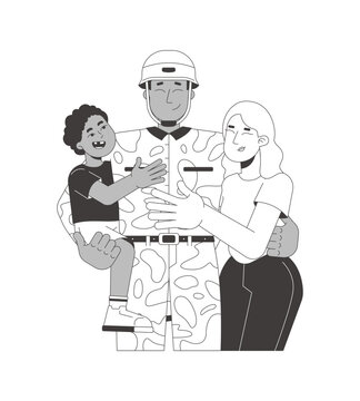Preparing family for deployment flat line illustration. Joyful homecoming. African american soldier embracing wife and child 2D outline characters isolated. Black and white cartoon vector image