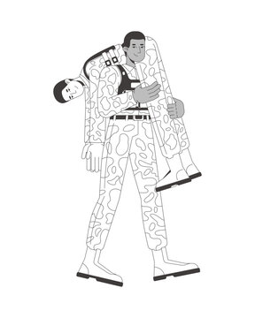 Military evacuation training fireman carry flat line illustration. Casualty rescue. Combat lifesaving skill. Soldiers emergency drill 2D outline characters. Black and white cartoon vector image