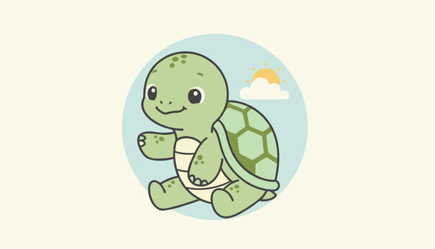 Adorable cartoon baby turtle waving with sun and cloud in a blue circle on a light yellow background.