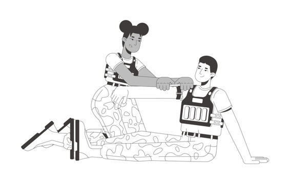 Military medical training and first aid assistance flat line illustration. Casualty care. Combat medic using tourniquet on patient 2D outline characters isolated. Black and white cartoon vector image