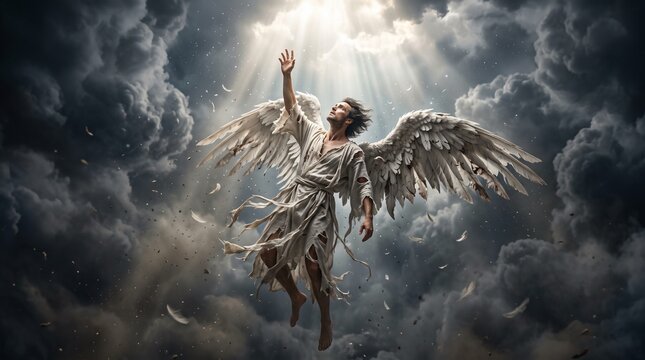 Angelic Figure Ascending Toward Divine Light Illustration