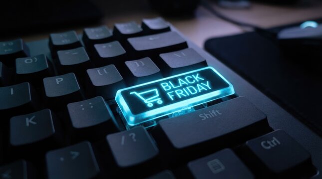 Closeup of a computer keyboard with a glowing blue black friday key featuring a shopping cart, representing online shopping sales and ecommerce promotions black friday