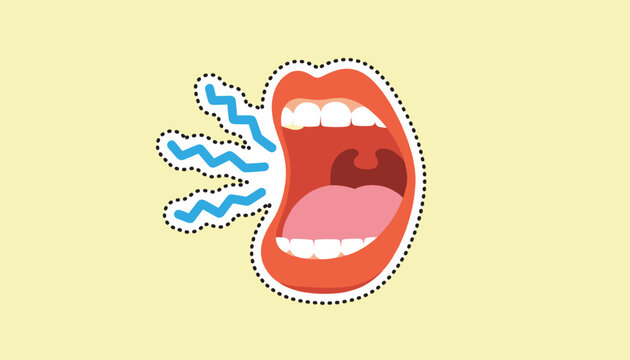 Colorful sticker illustration of an open mouth screaming or shouting with blue sound waves on a yellow background.