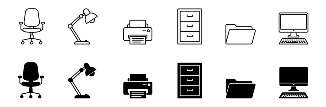 Office equipment and workspace furniture vector icon set featuring chair, desk lamp, printer, cabinet, folder, and computer symbols in line and filled styles for UI design.