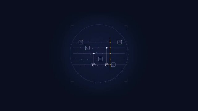 Abstract animated quantum circuit running its gates drawn as cool blue-white lines and shapes on a deep dark background. Seamless looping 4K motion graphics video with free space for text, ideal for s