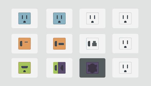 Electrical outlet types and socket port icons set represents universal connection standards for appliances and chargers.