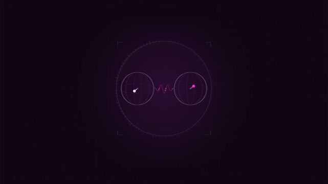 Abstract animated pair of qubits becoming entangled drawn as cool blue-white lines and shapes on a deep dark background. Seamless looping 4K motion graphics video with free space for text, ideal for s