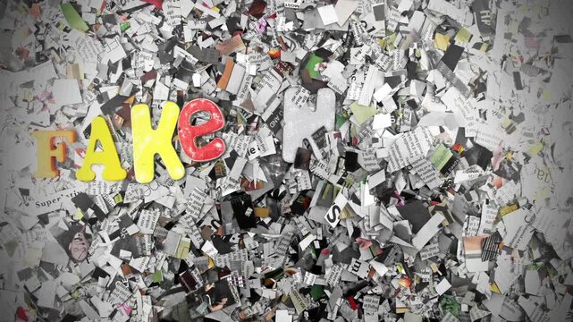 newspaper confetti with misinformation, fake news words, stop motion 