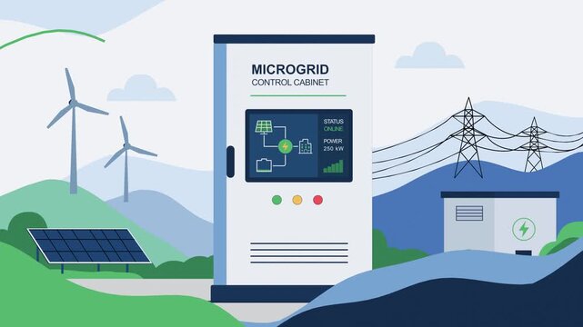 A flat illustration video animation depicting a microgrid control cabinet in the foreground, with solar panels, wind turbines, and electrical transmission lines in a stylized landscape.