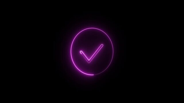 Glowing neon checkmark inside circle pulse animation on black background, modern graphic element for confirmation or success.