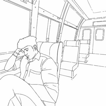 a black and white line drawing of a sad man sitting in a train