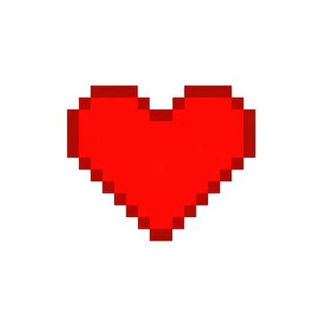 Red pixel heart icon isolated on white background for retro gaming and digital design